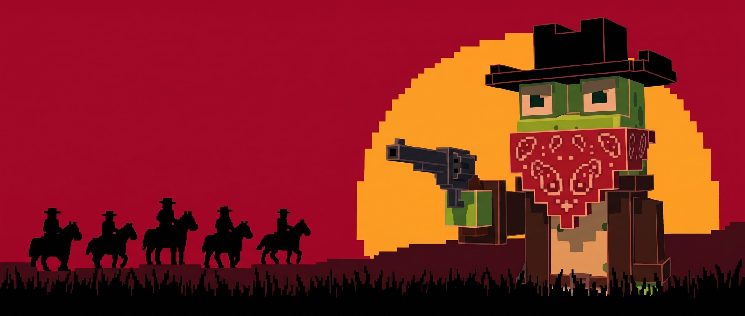 A frog outlaw in a red bandana aims a revolver under a low sun while a posse rides the ridge